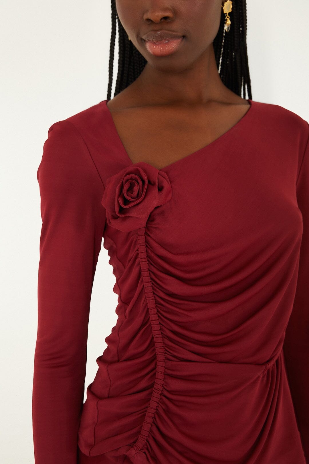 Burgundy 3d Flower Draped Long Sleeve Blouse