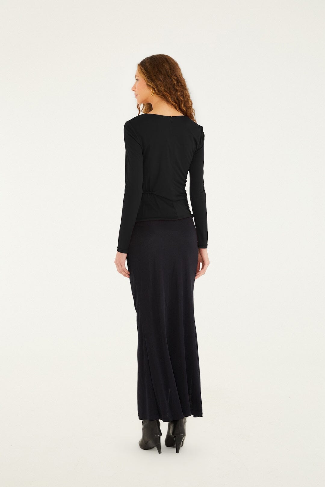 Black Flower Draped Side Slit Midi Skirt