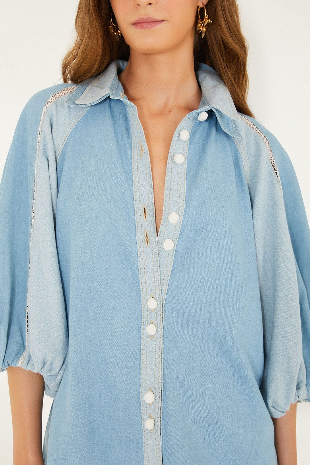 Denim Bicolor Puff Sleeve Shirt