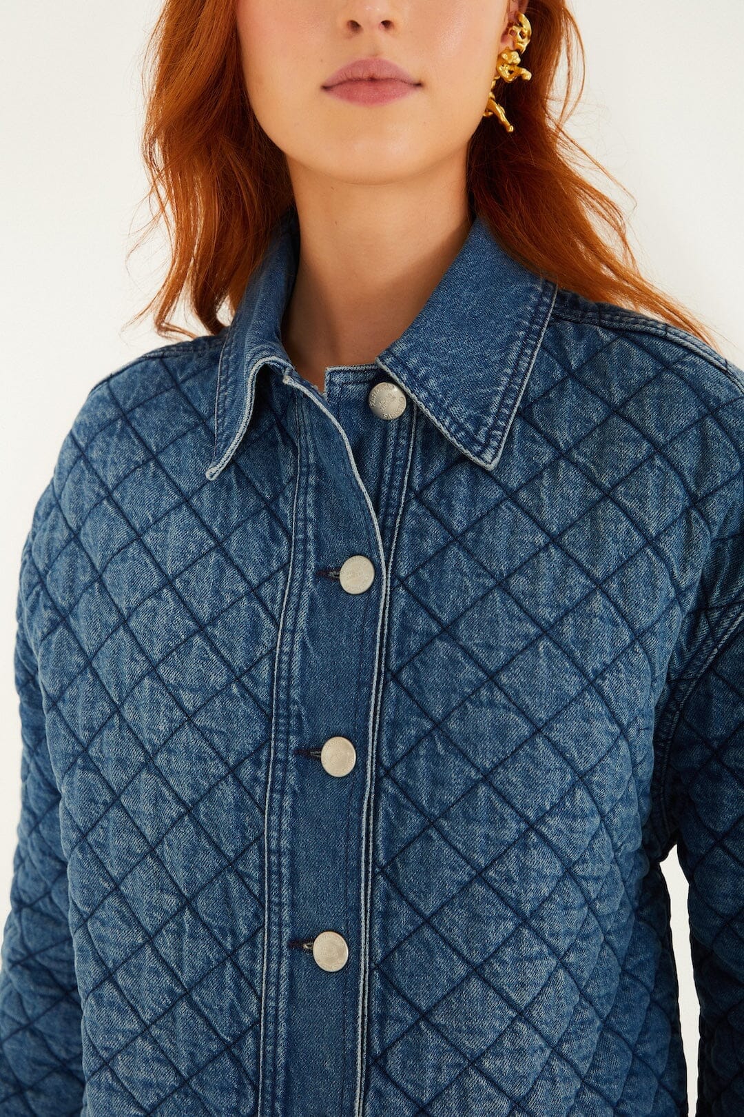 Denim Buttoned Quilted Bomber Jacket