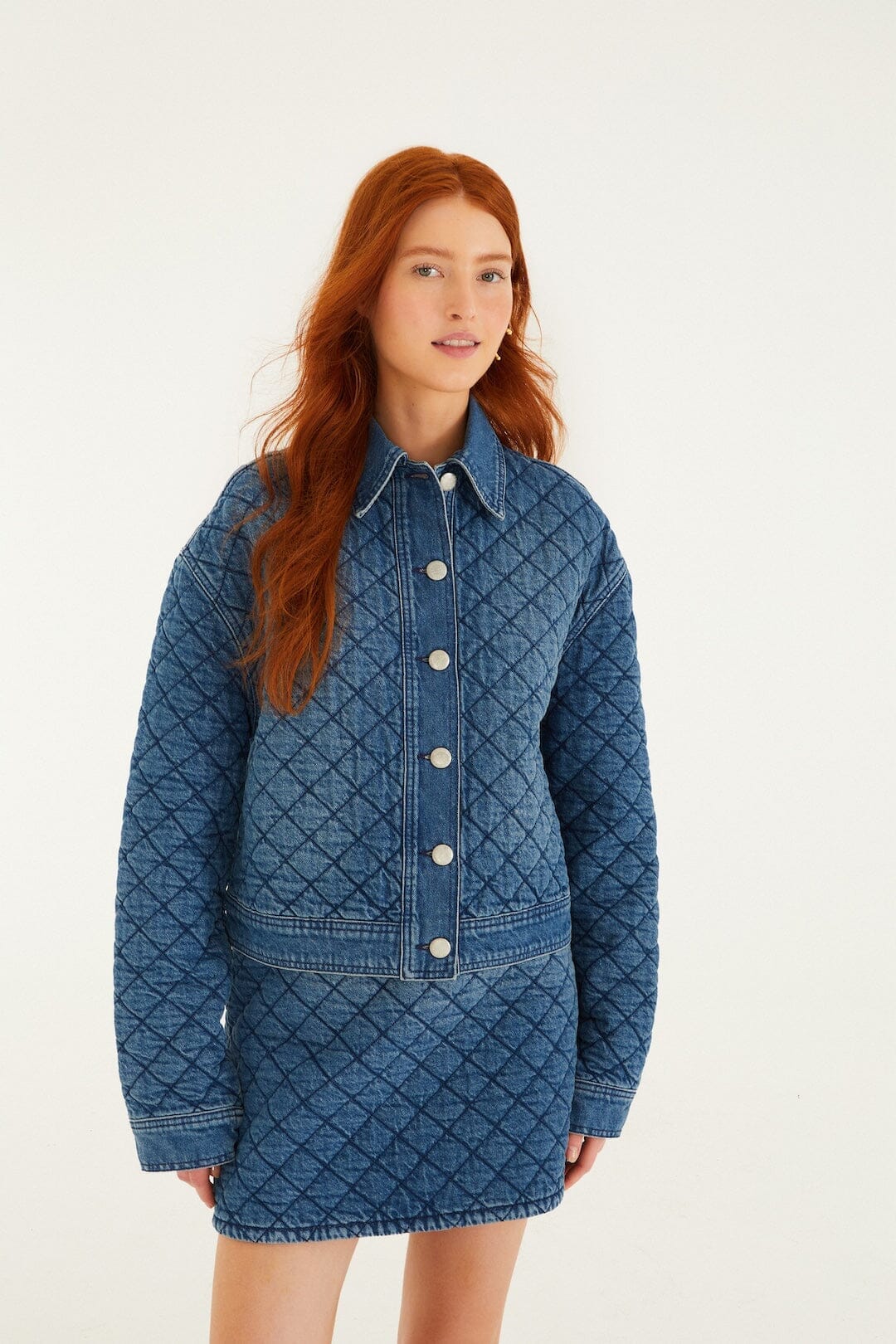 Denim Buttoned Quilted Bomber Jacket