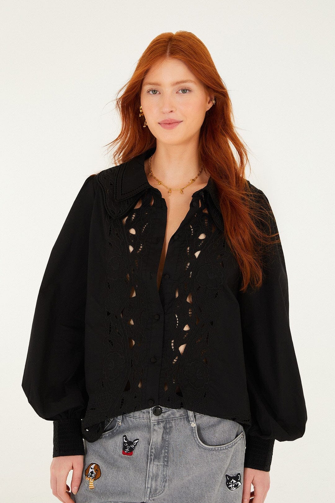 Black Embroidered Buttoned Puff Sleeve Shirt