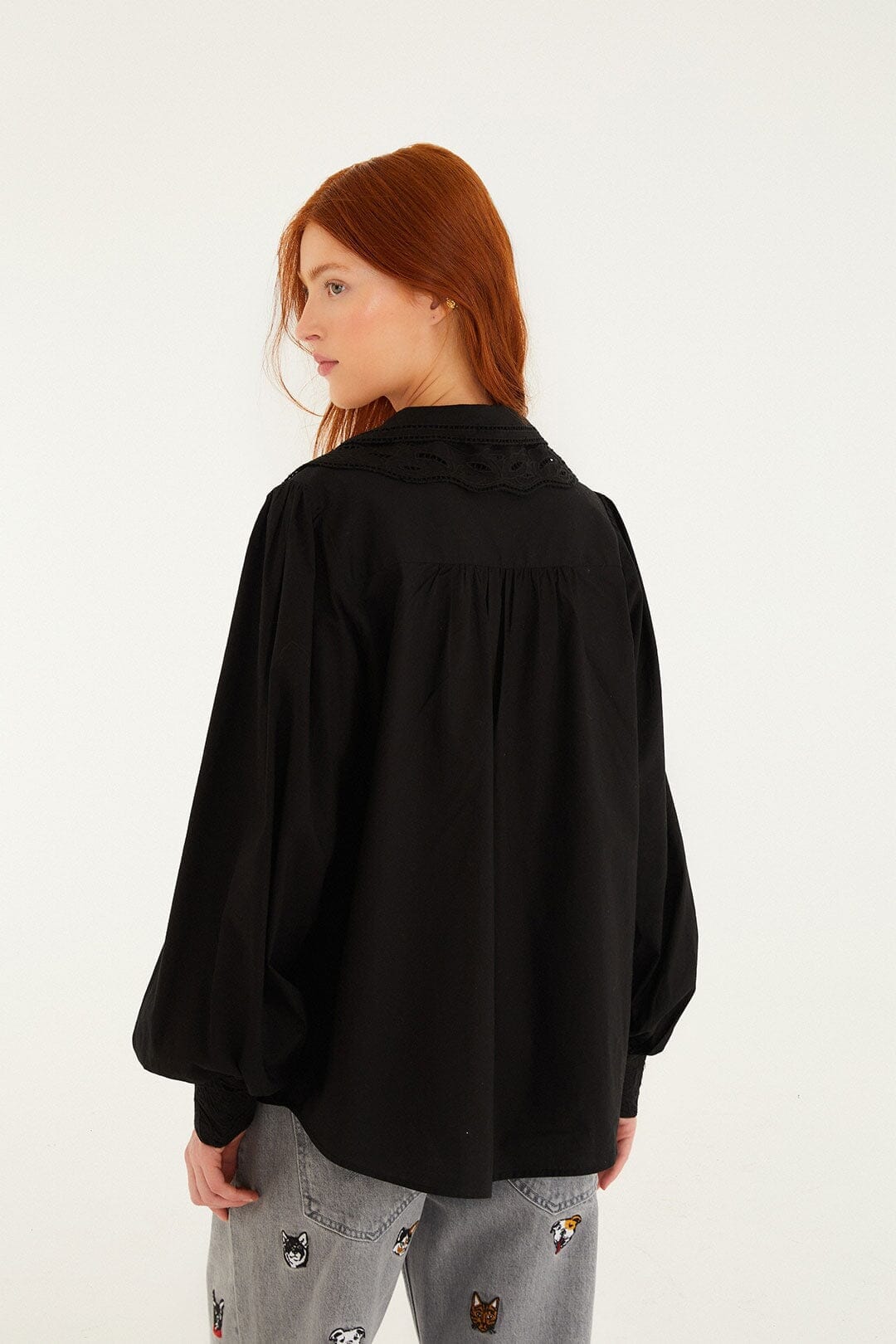 Black Embroidered Buttoned Puff Sleeve Shirt
