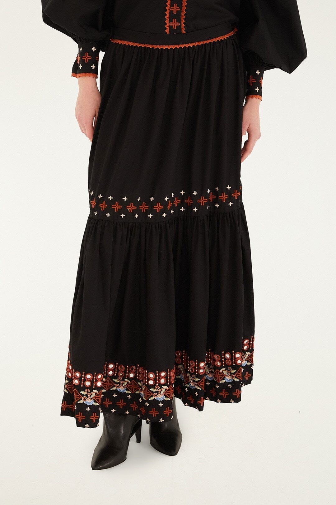 Black Embroidered Tiered Maxi Skirt