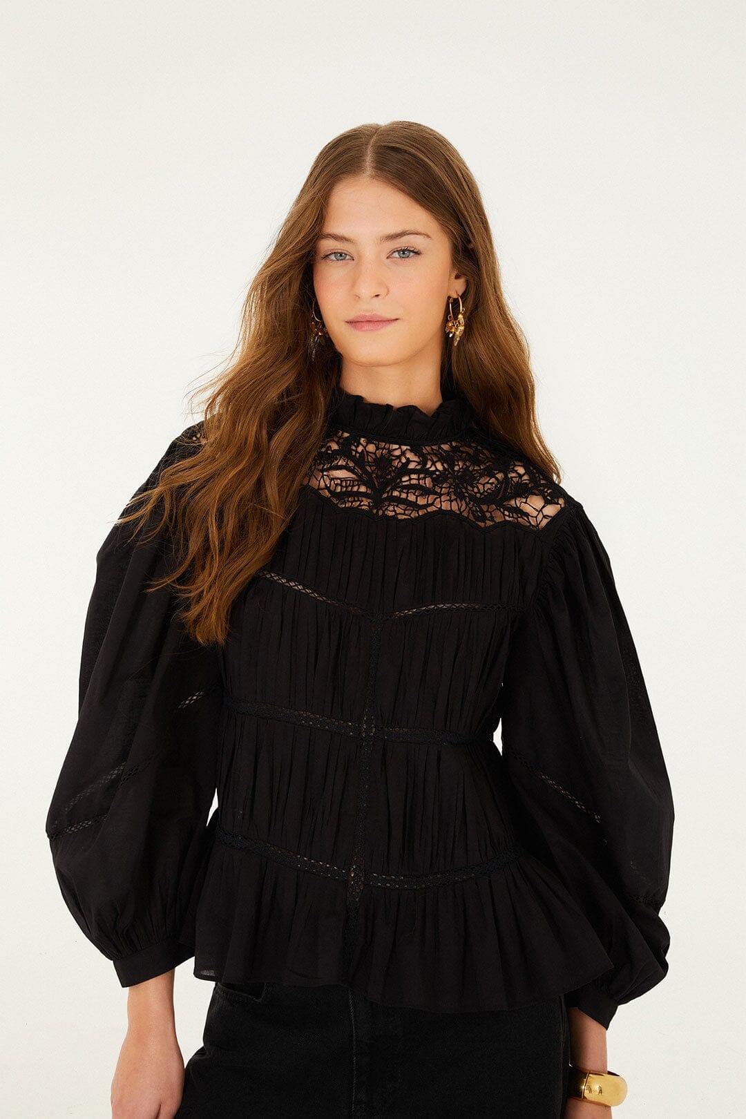 Black Lace Puff Sleeve Blouse