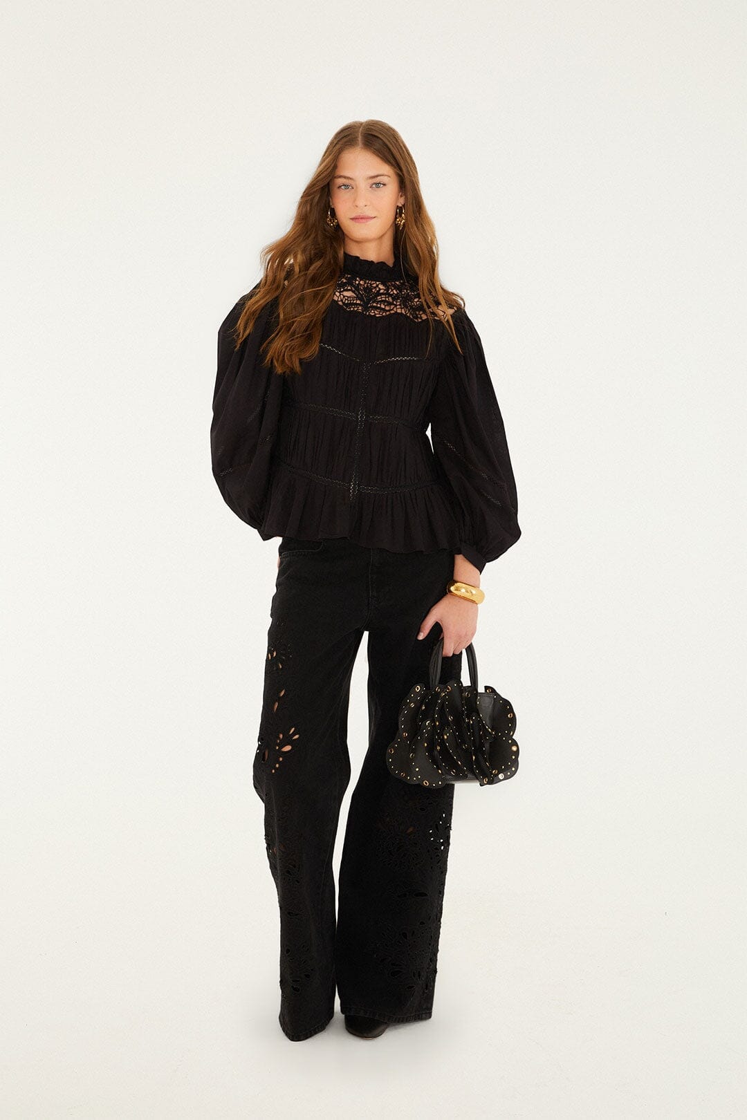 Black Lace Puff Sleeve Blouse