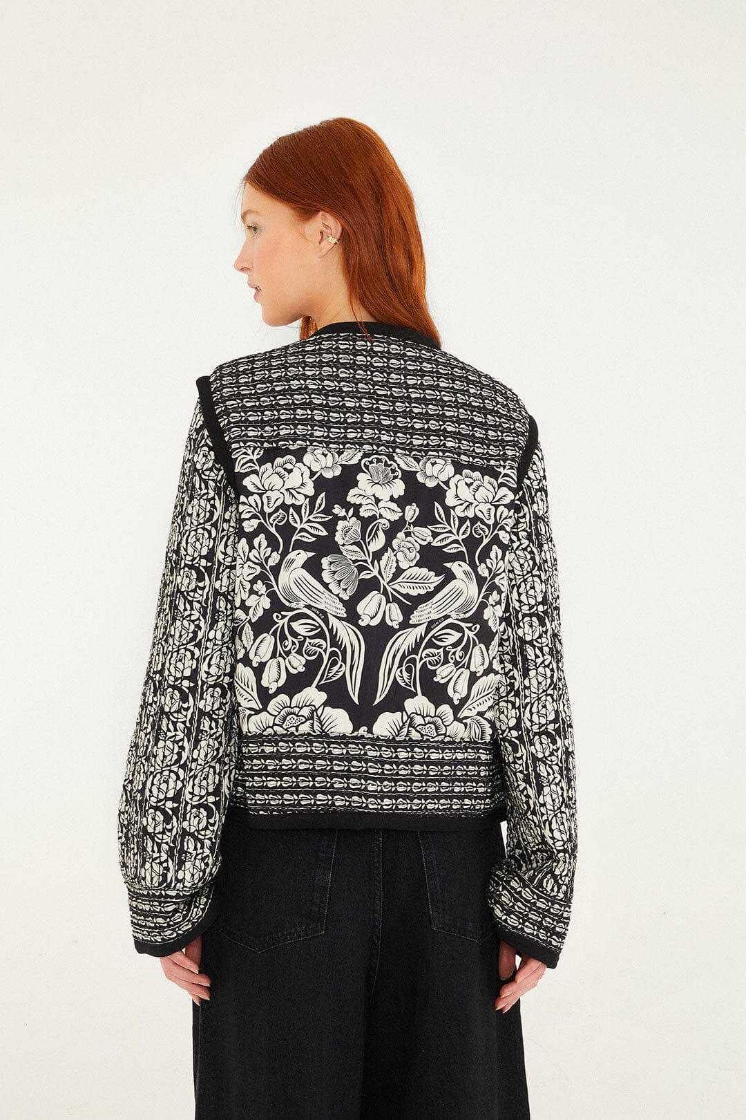 Black Cashews And Birds Seam Padded Jacket