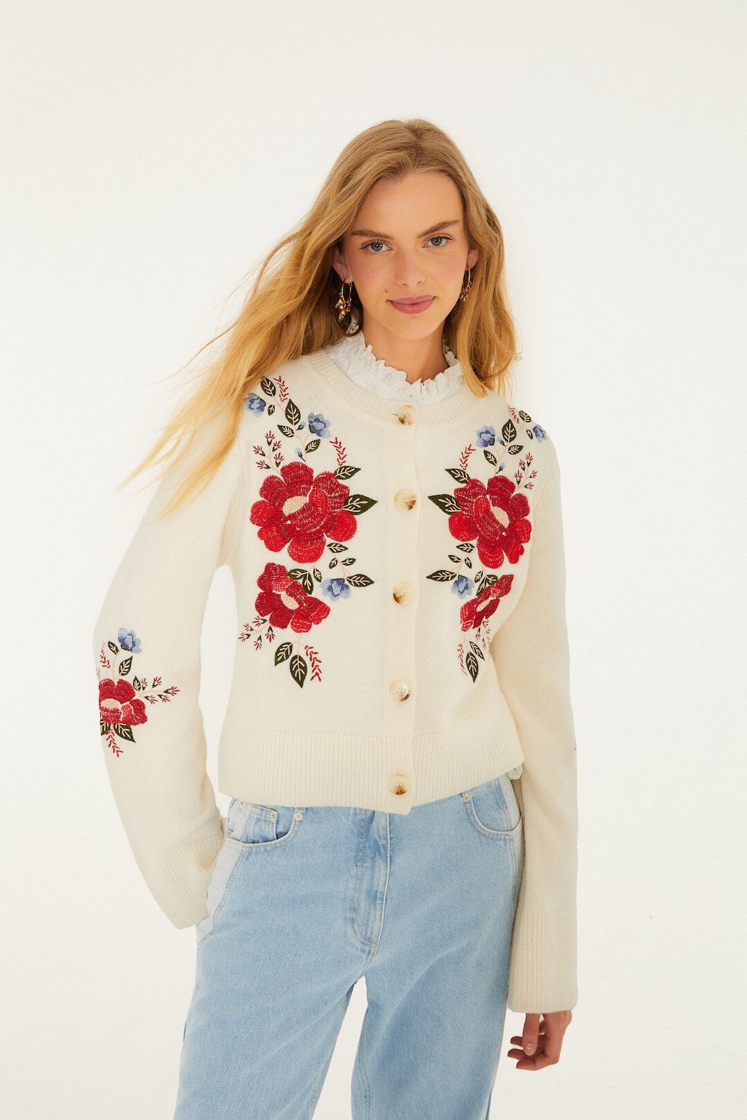 Cream Embroidered Flowers Buttoned Knit Cardigan | FARM Rio