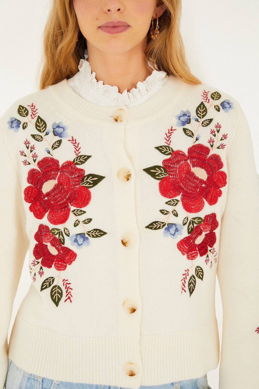 Cream Embroidered Flowers Buttoned Knit Cardigan