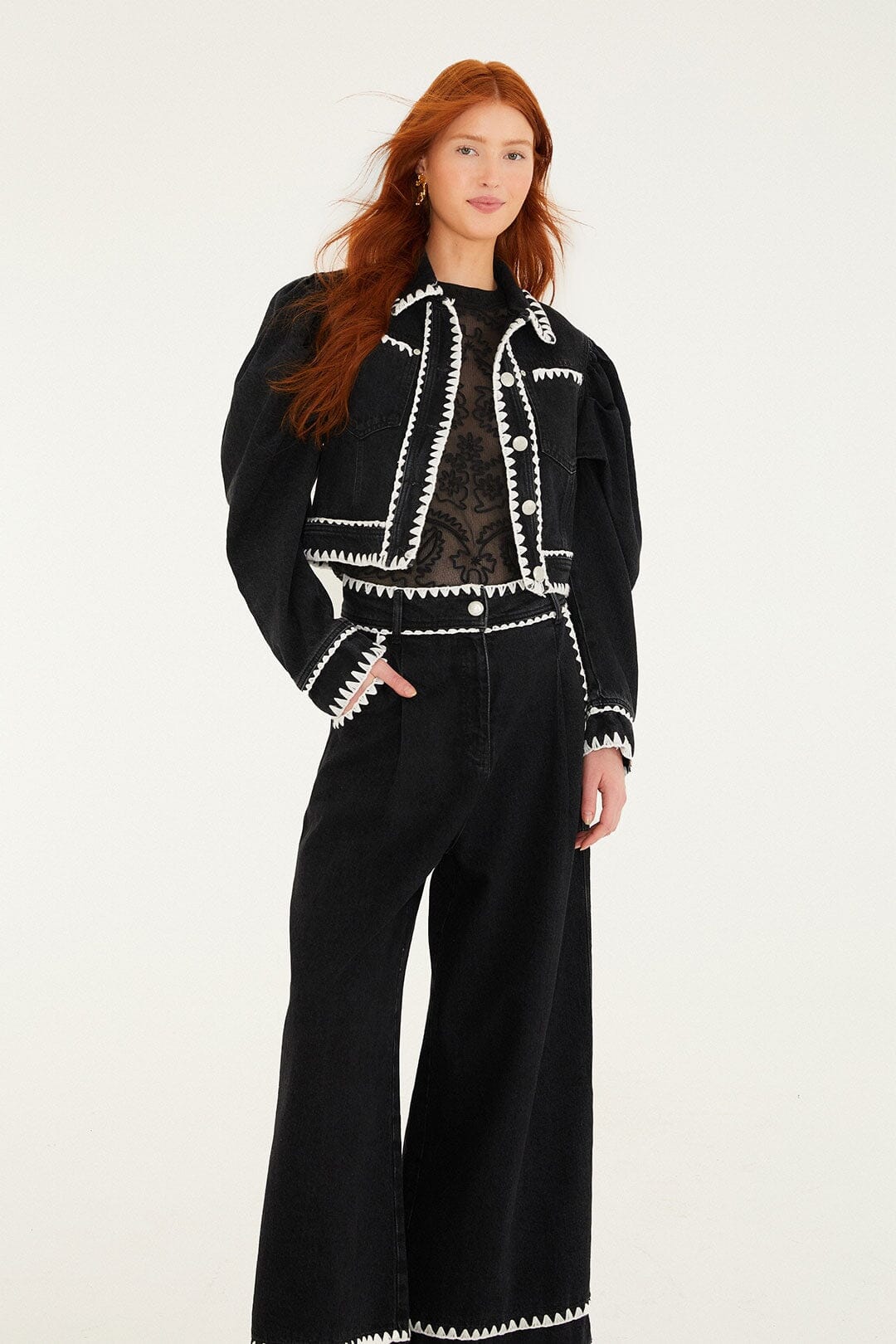 Black Crochet Embroidery Wide-Leg Denim Pants | FARM Rio