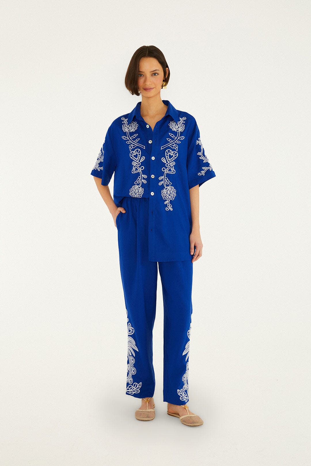 Blue Romantic Embroidered Lenzing Ecovero Euroflax Pants