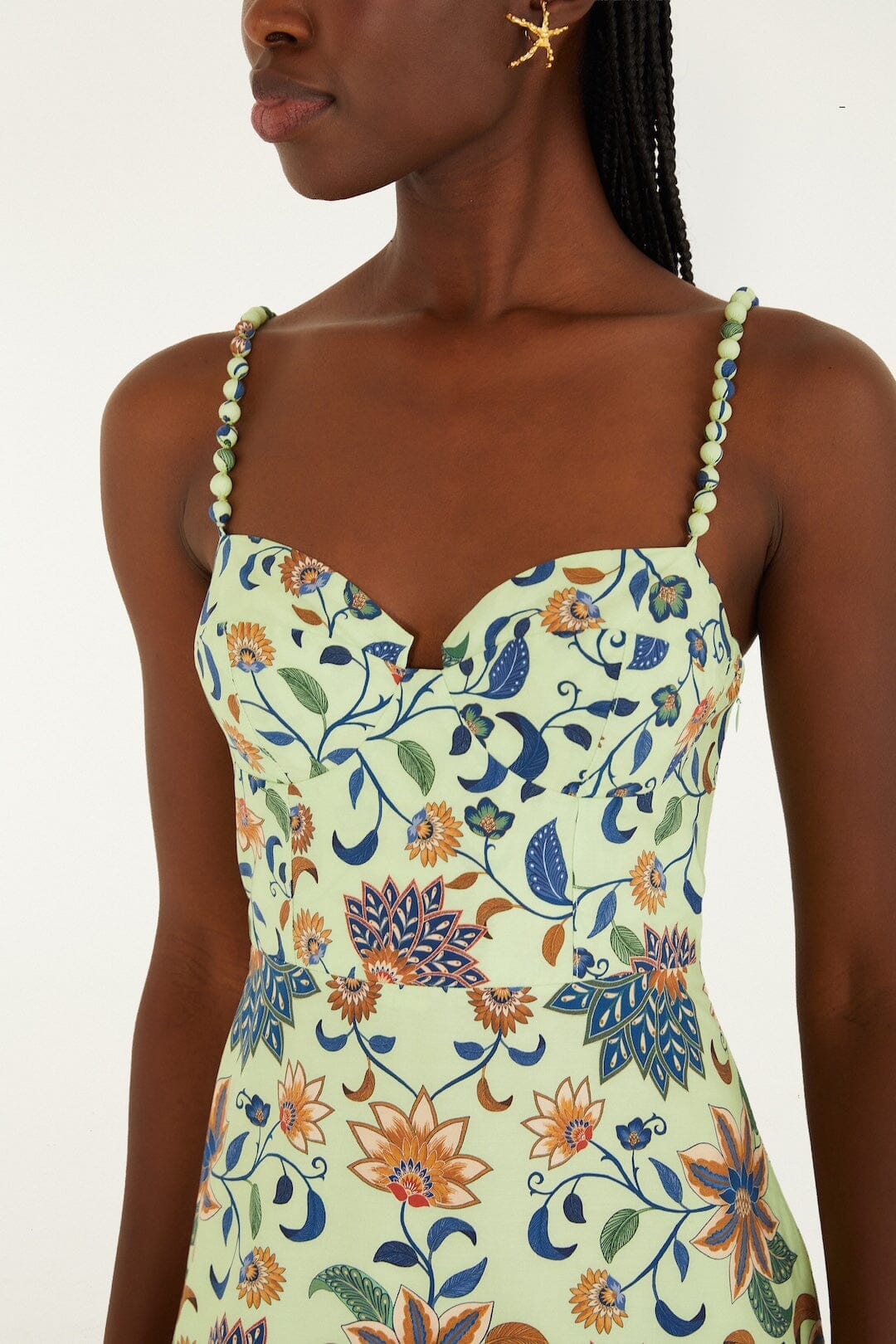 Green Floral Delhi Tapestry Beaded Straps Midi Dress