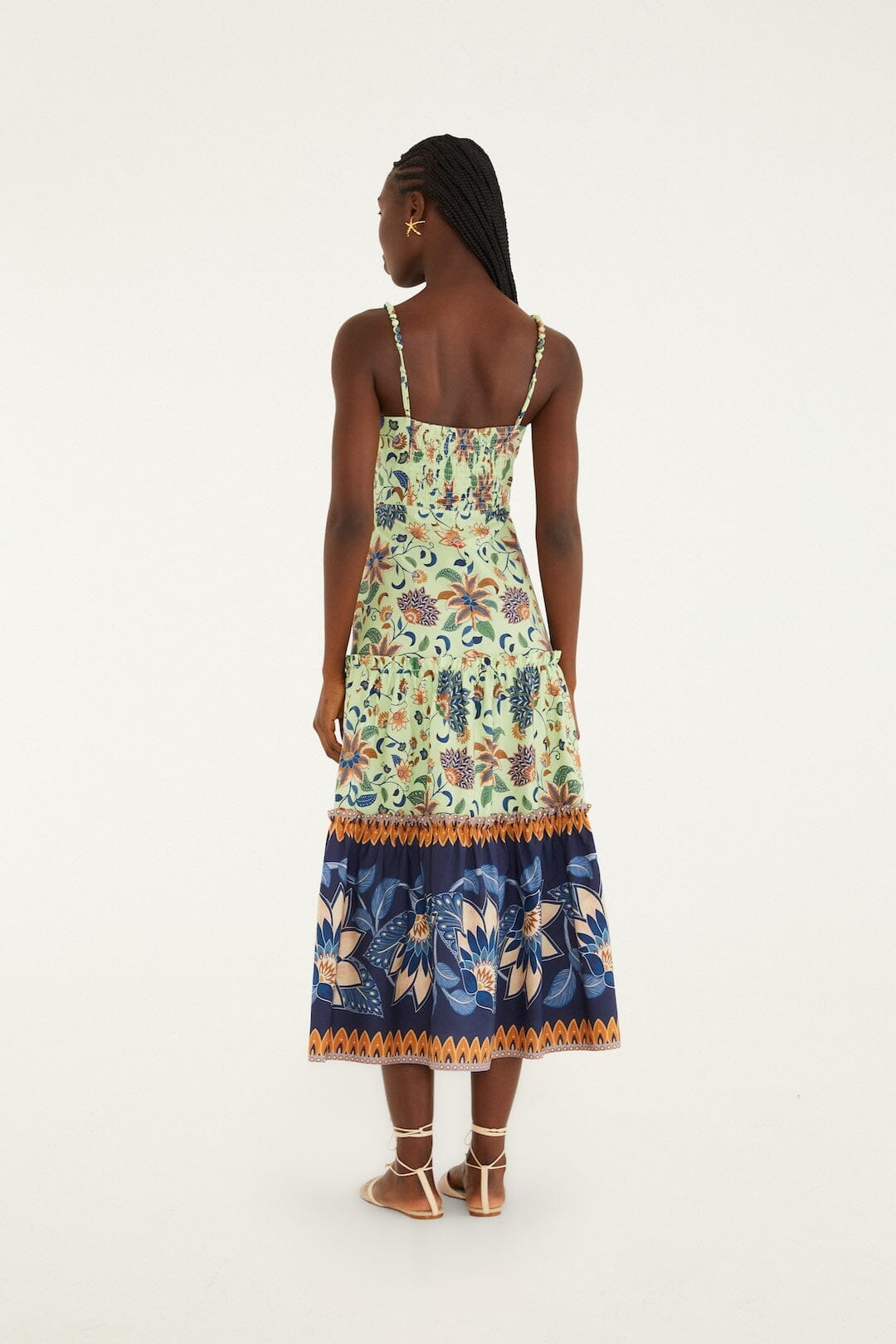 Green Floral Delhi Tapestry Beaded Straps Midi Dress