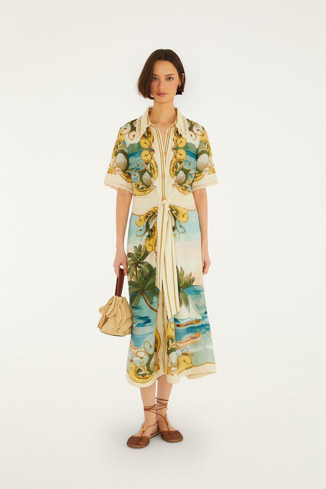 Vestido midi color blanco roto «Royal Sea» con cuello en Farm Rio