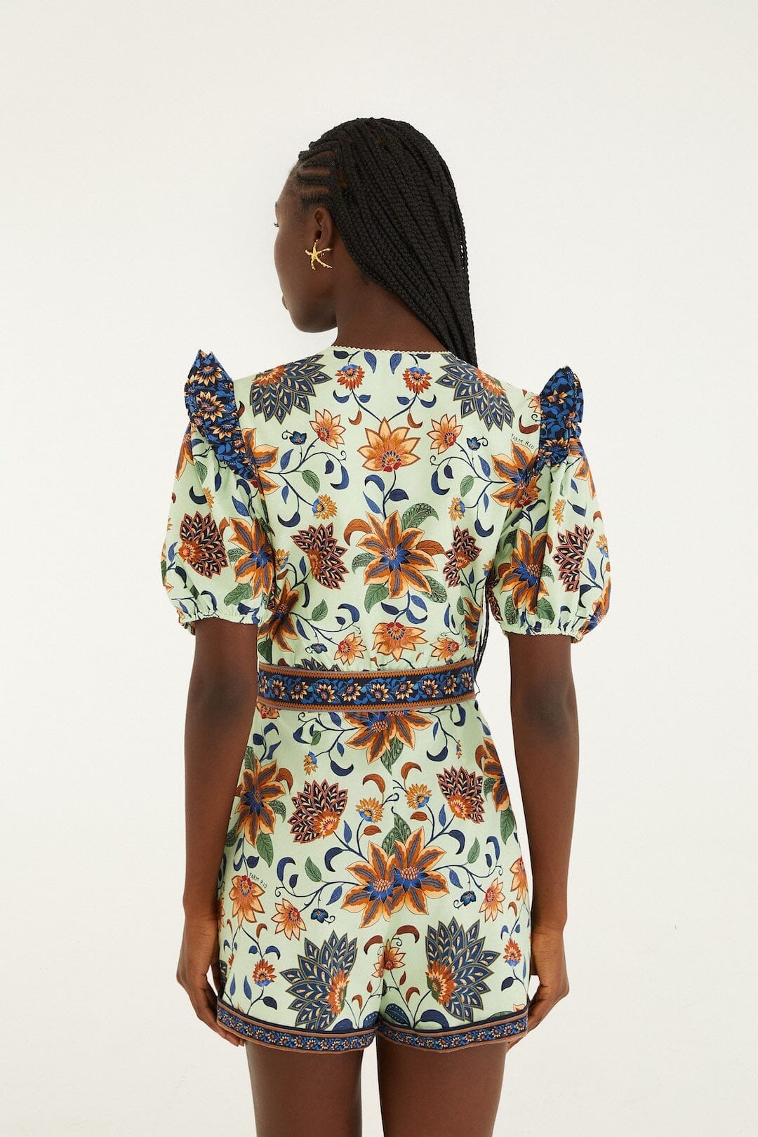 Light Green Floral Delhi Tapestry Belted Organic Cotton Romper