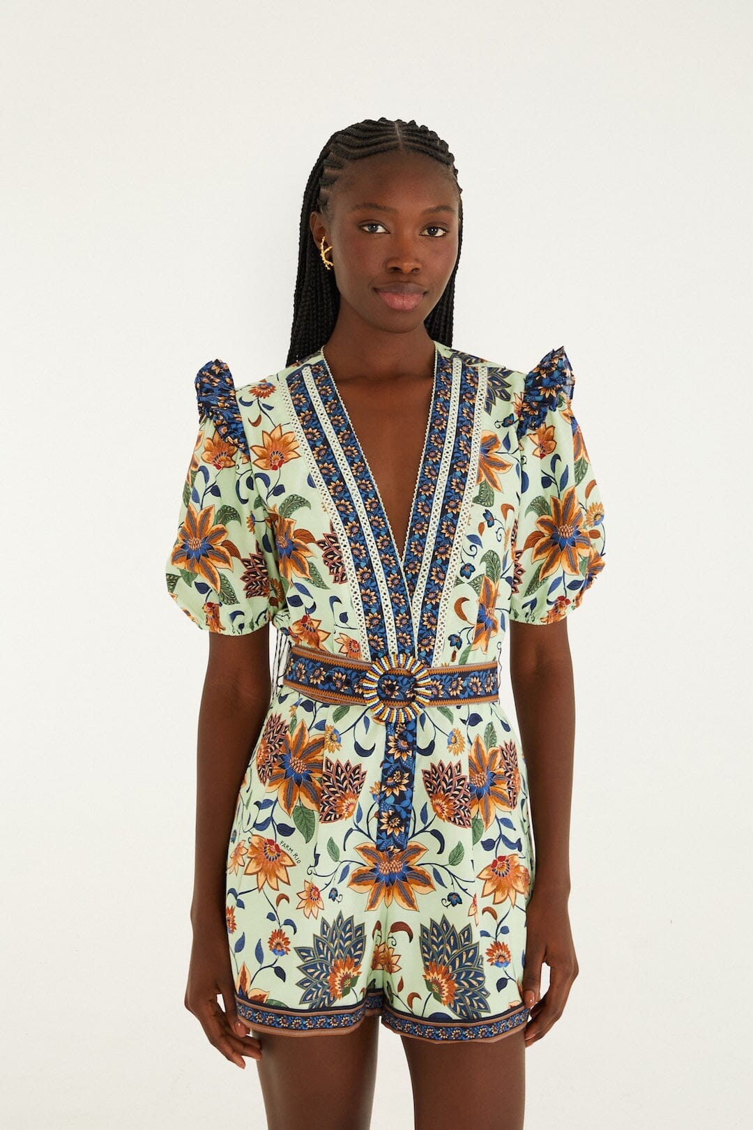 Light Green Floral Delhi Tapestry Belted Organic Cotton Romper