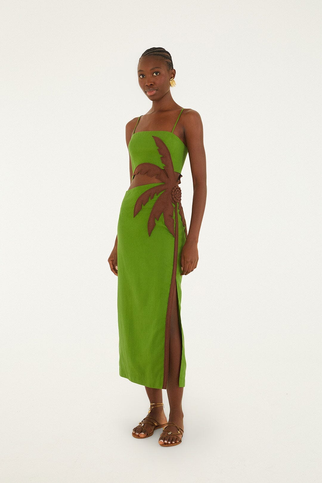 Vestido midi verde con palmera en 3D y aberturas