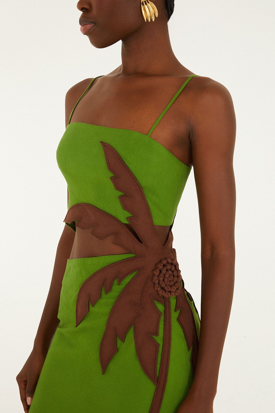 Vestido midi verde con palmera en 3D y aberturas