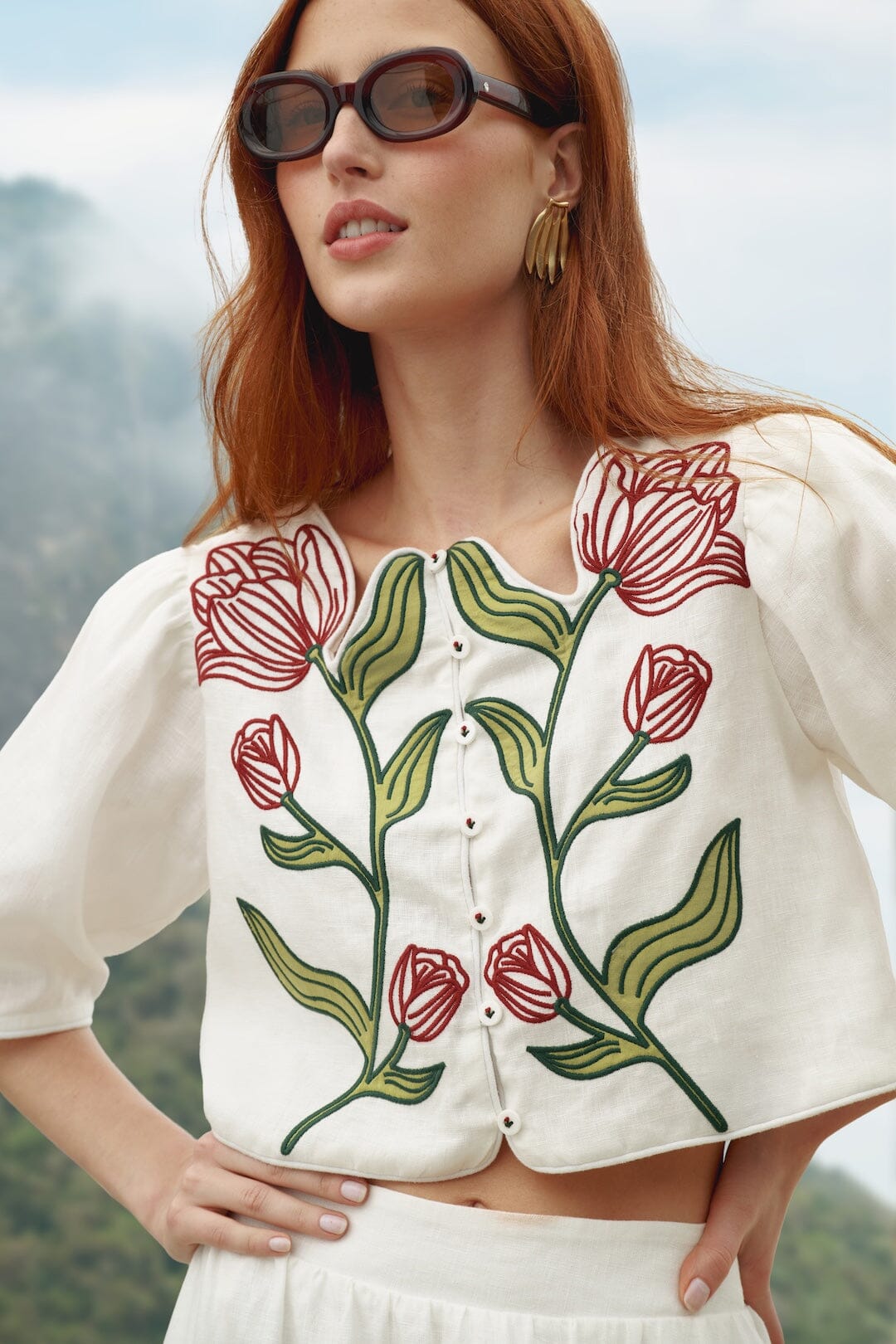 Off-White Flower Embroidered Euroflax Premium Linen Crop Top