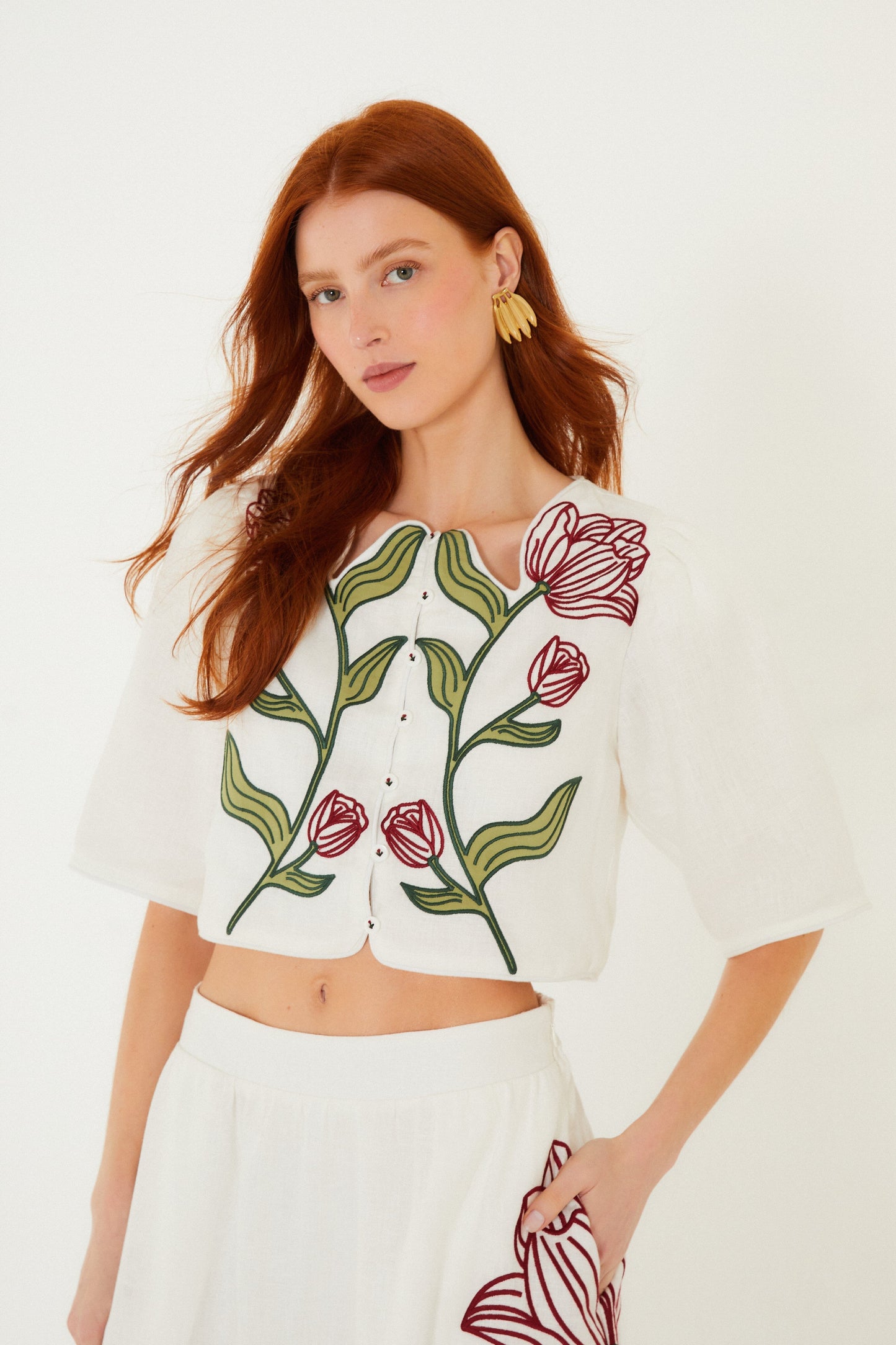 Off-White Flower Embroidered Euroflax Premium Linen Crop Top