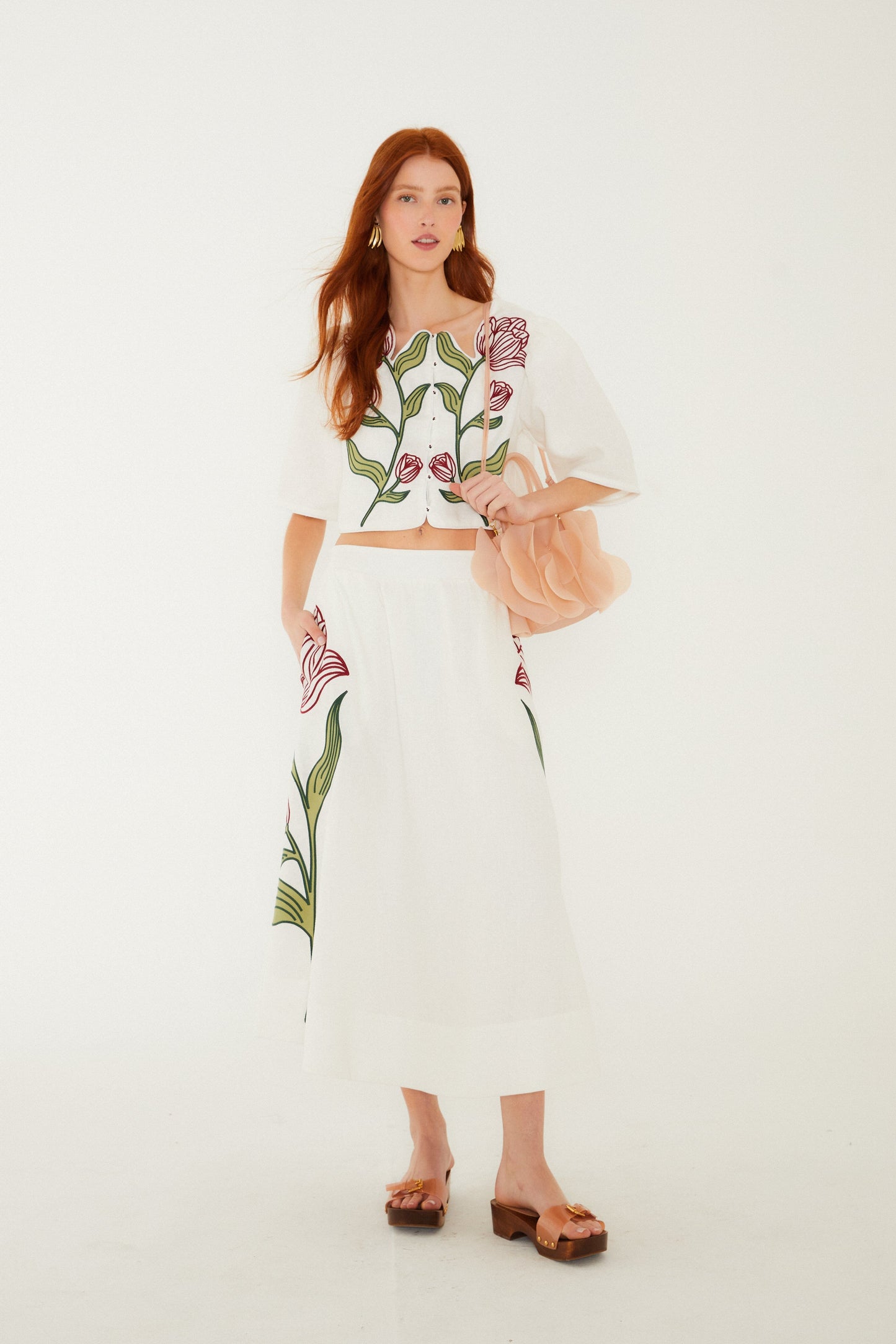 Off-White Flower Embroidered Euroflax Premium Linen Crop Top