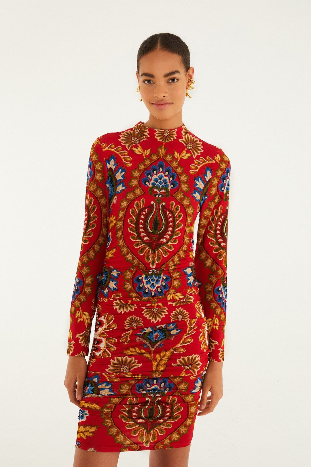Red Folk Tapestry Jersey Mini Dress
