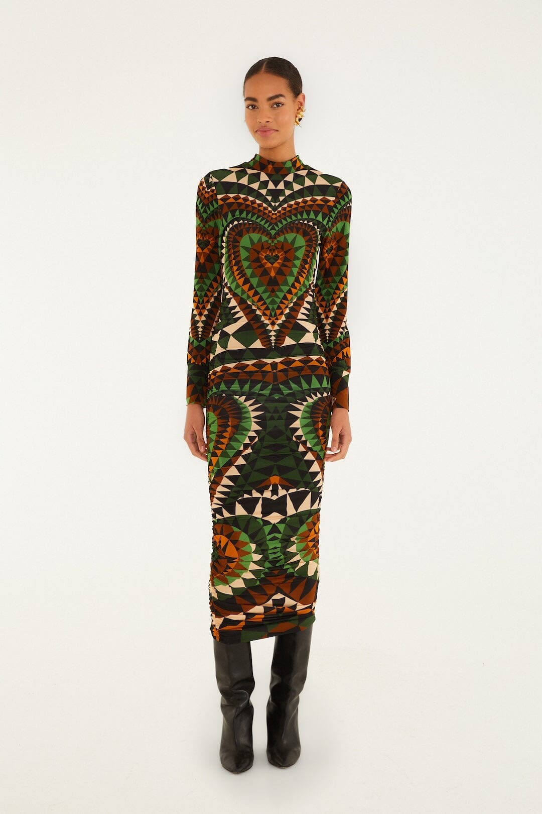 Multicolor Heart Deco Long Sleeve Jersey Midi Dress