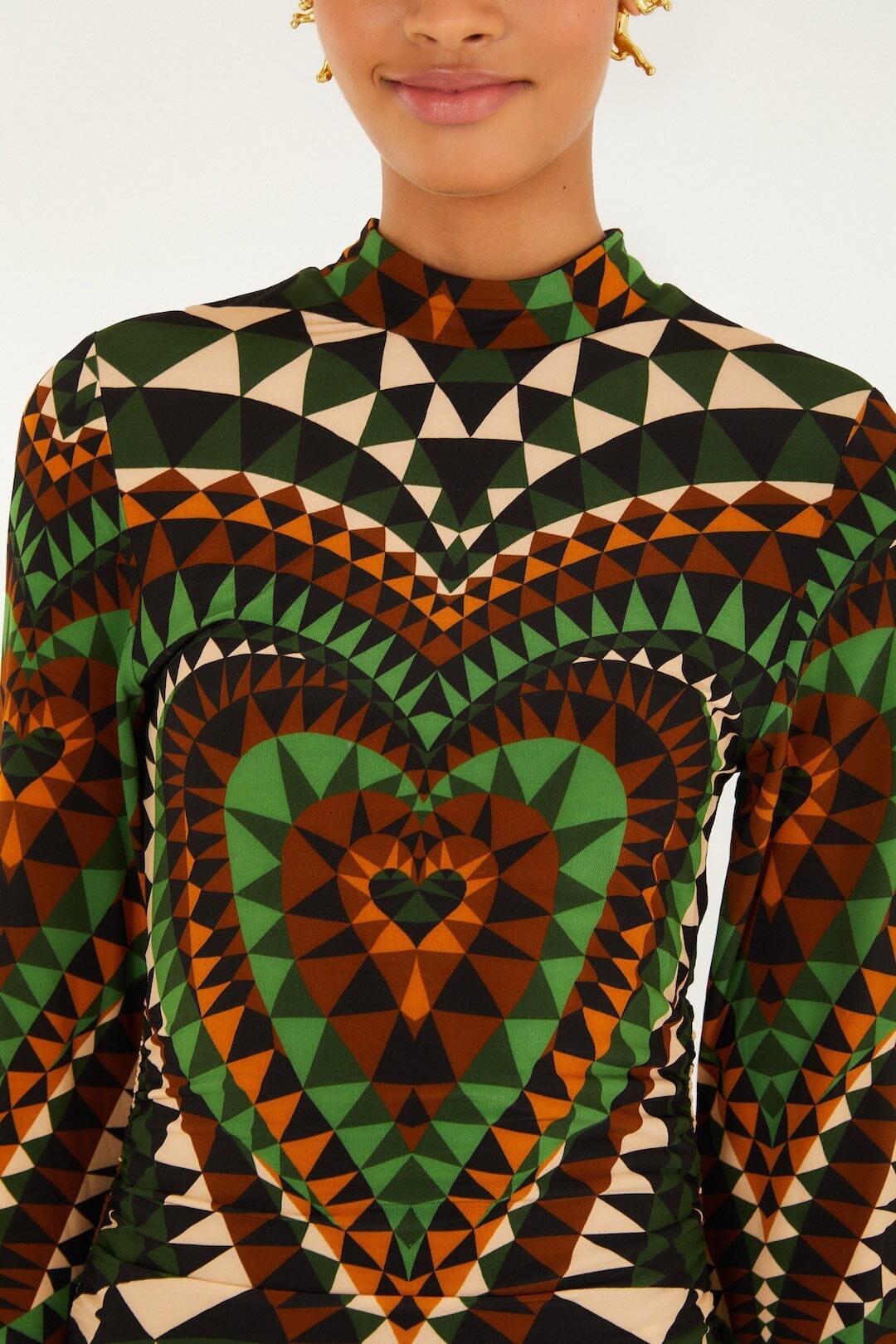 Multicolor Heart Deco Long Sleeve Jersey Midi Dress