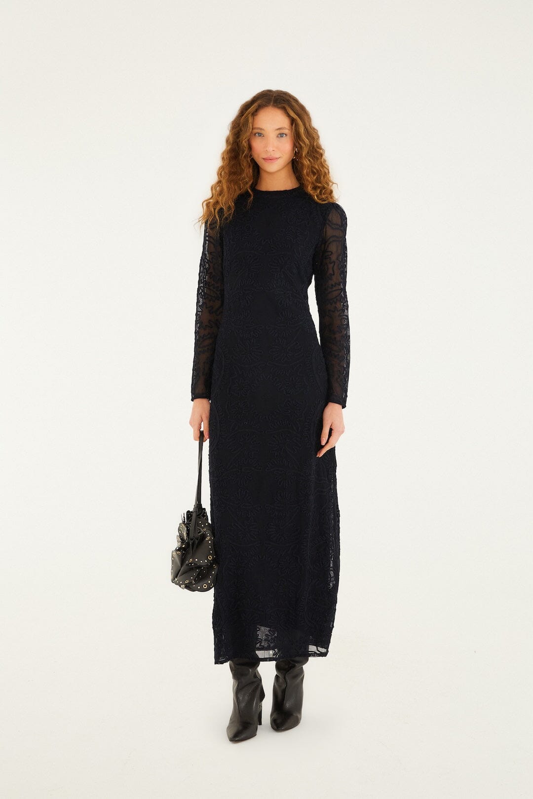 Black Embroidered Sheer Sleeve Maxi Dress