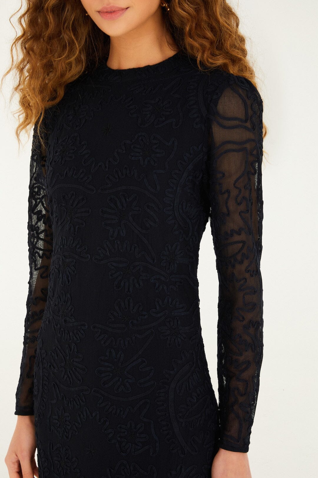 Black Embroidered Sheer Sleeve Maxi Dress