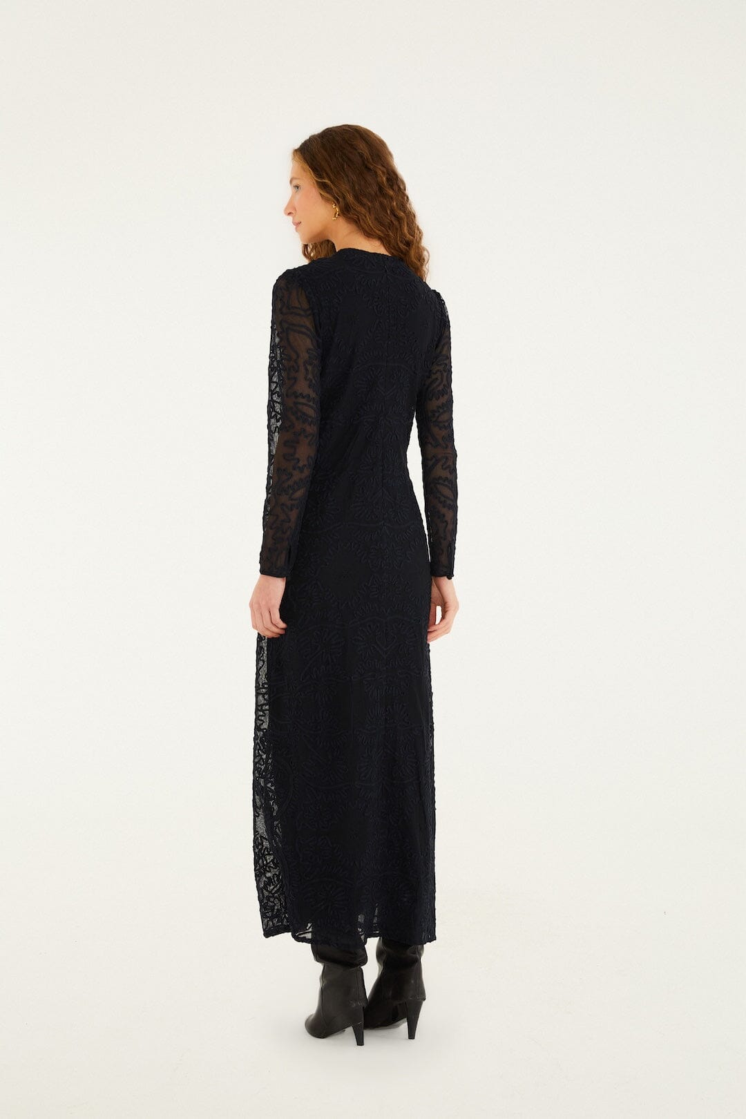 Black Embroidered Sheer Sleeve Maxi Dress