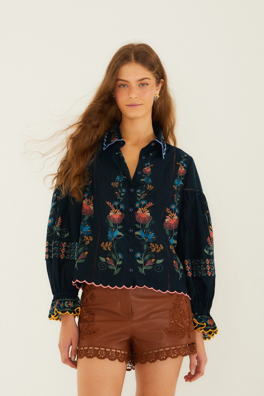 Navy Blue Stitched Garden Wavy Hem Blouse