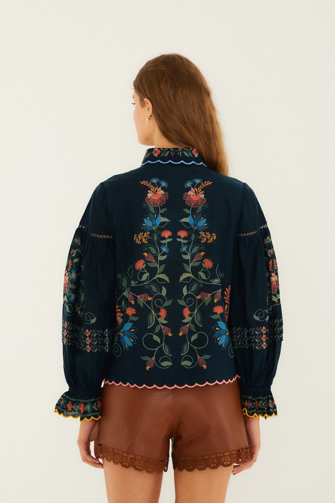 Navy Blue Stitched Garden Wavy Hem Blouse