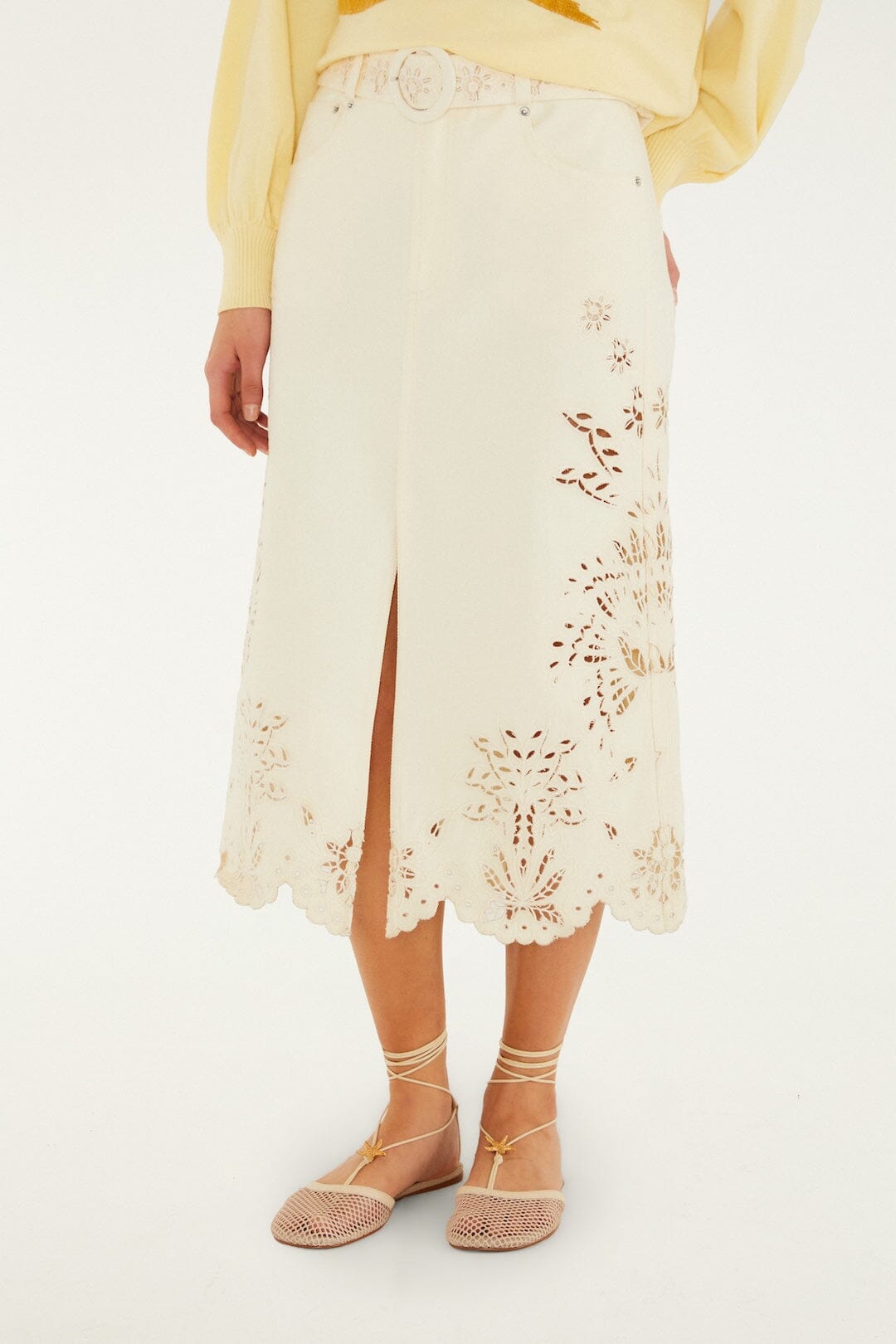 Beige Geometric Richelieu Twill Midi Skirt