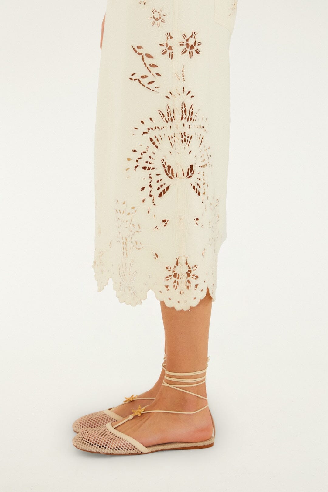 Beige Geometric Richelieu Twill Midi Skirt