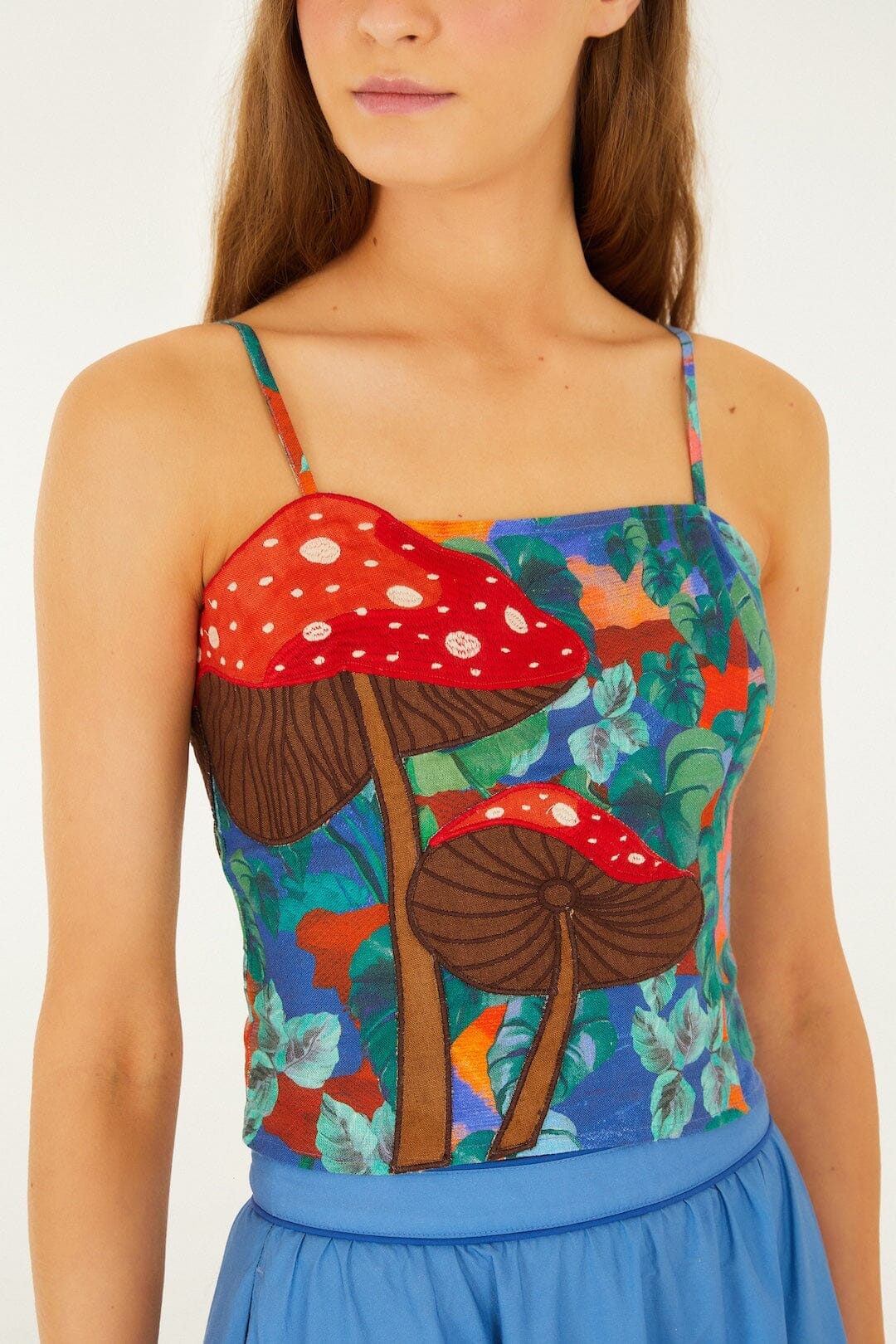 Mushroom Dream Landscape Embroidered Sleeveless Euroflax Premium Linen Top