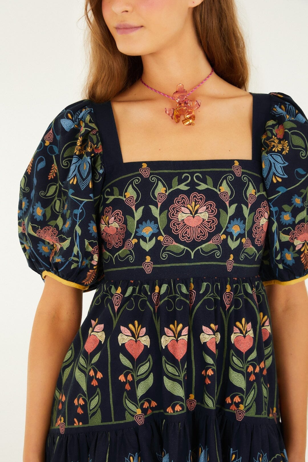 Navy Blue Stitched Garden Organic Cotton Mini Dress