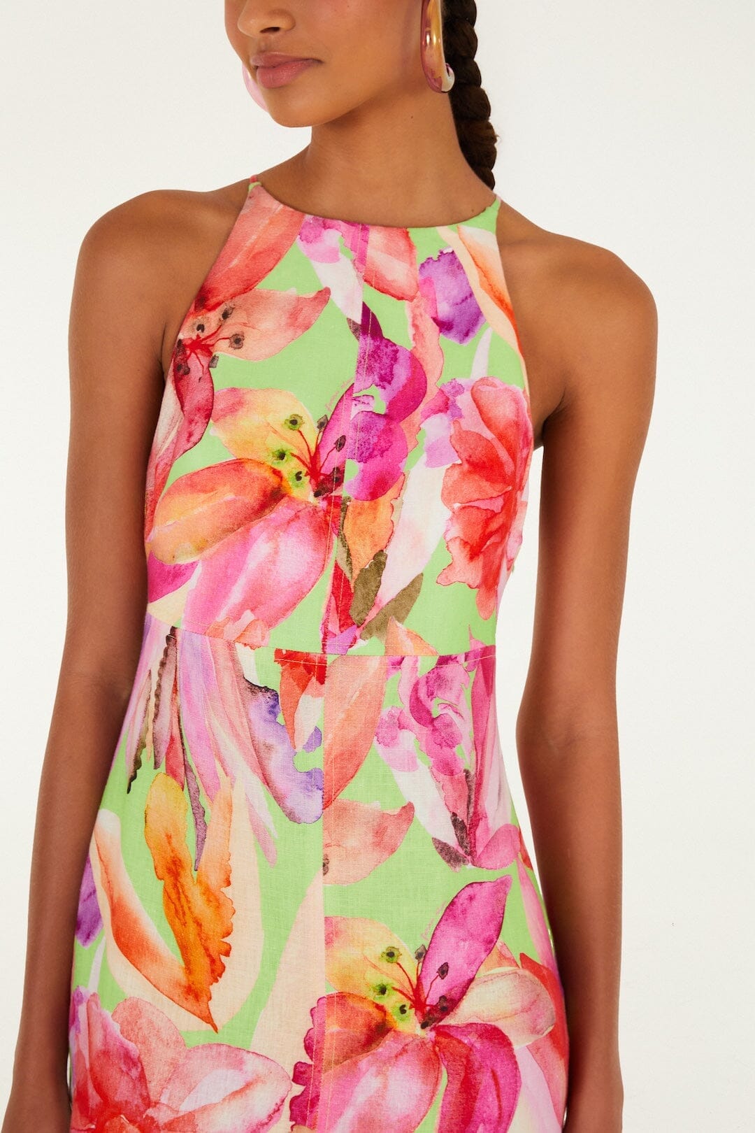 Multicolor Artsy Flora Euroflax Premium Linen Midi Dress