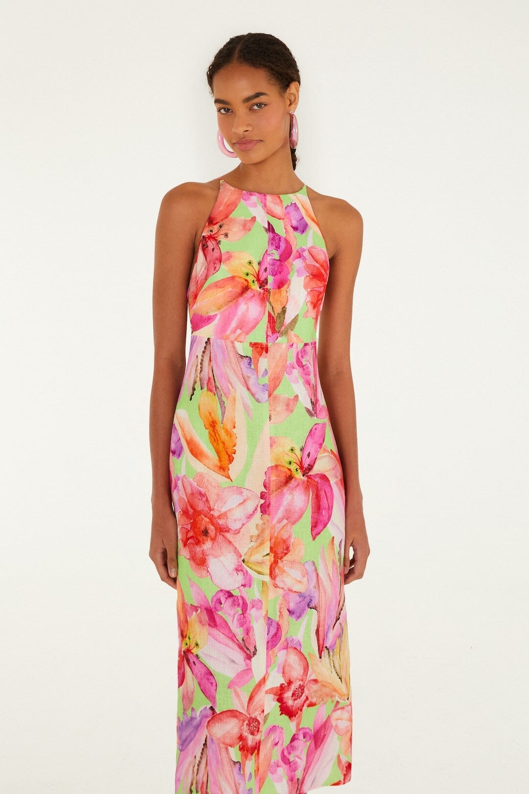 Multicolor Artsy Flora Euroflax Premium Linen Midi Dress