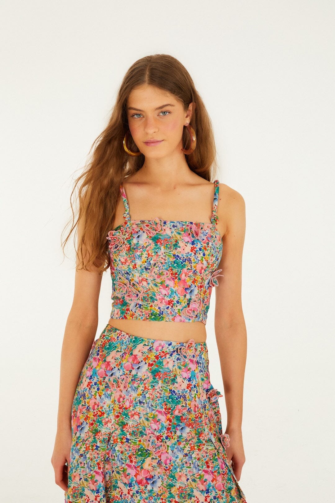 Top en lin premium Euroflax Off-White paysanne papillons fleuris