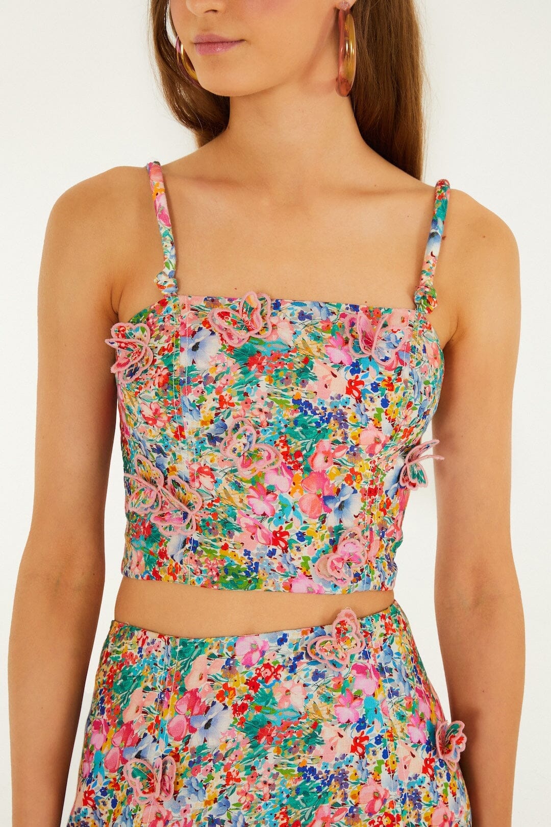 Top en lin premium Euroflax Off-White paysanne papillons fleuris