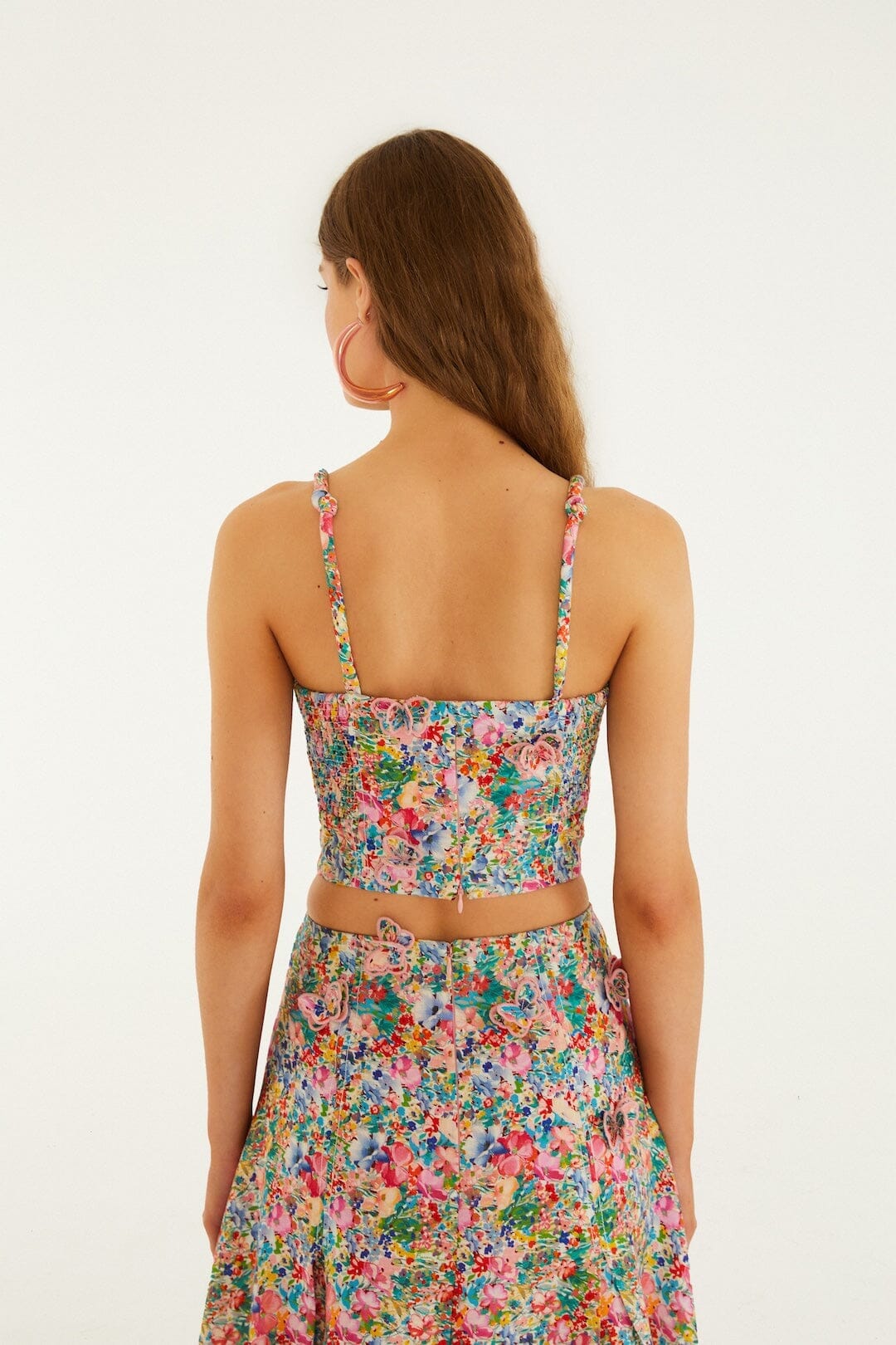 Top en lin premium Euroflax Off-White paysanne papillons fleuris
