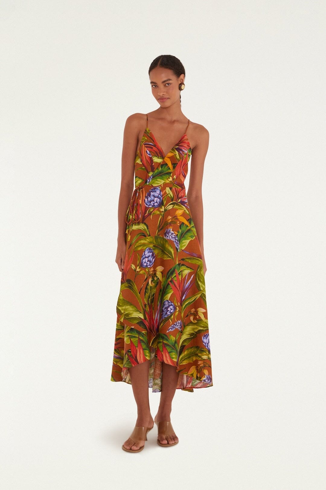 Vestido cruzado midi marrón Florart en Farm Rio