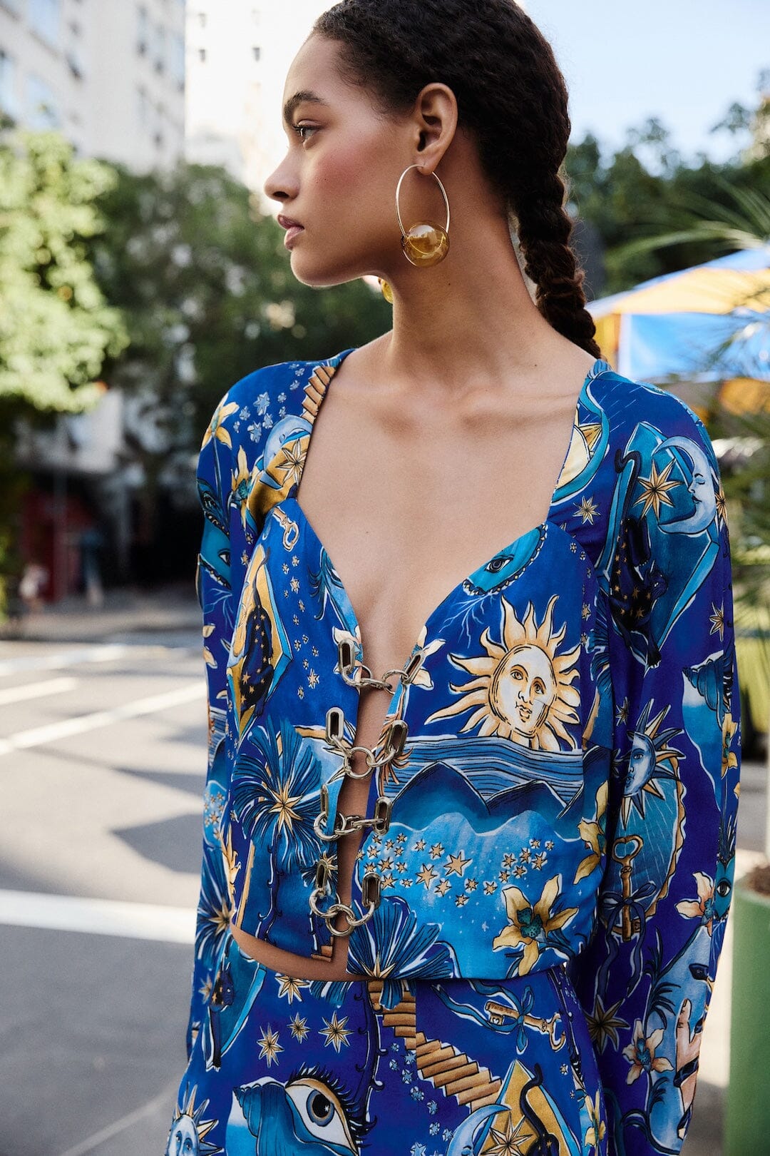 Blue Mystical Front Cut-Out Crop Blouse and Skirt Set