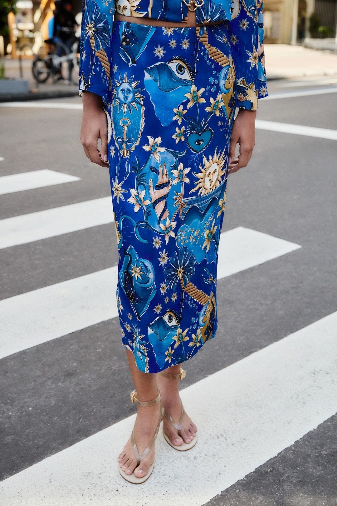 Blue Mystical Front Cut-Out Crop Blouse and Skirt Set