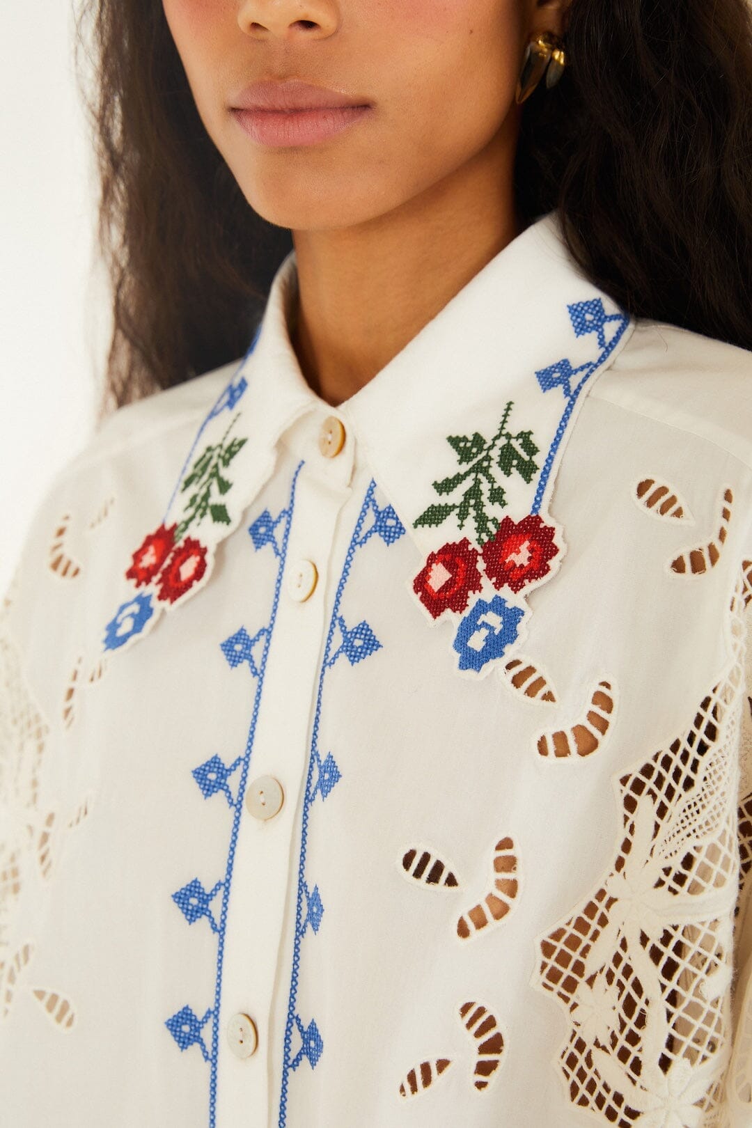 Chemise Richelieu brodée fleurs Off-White