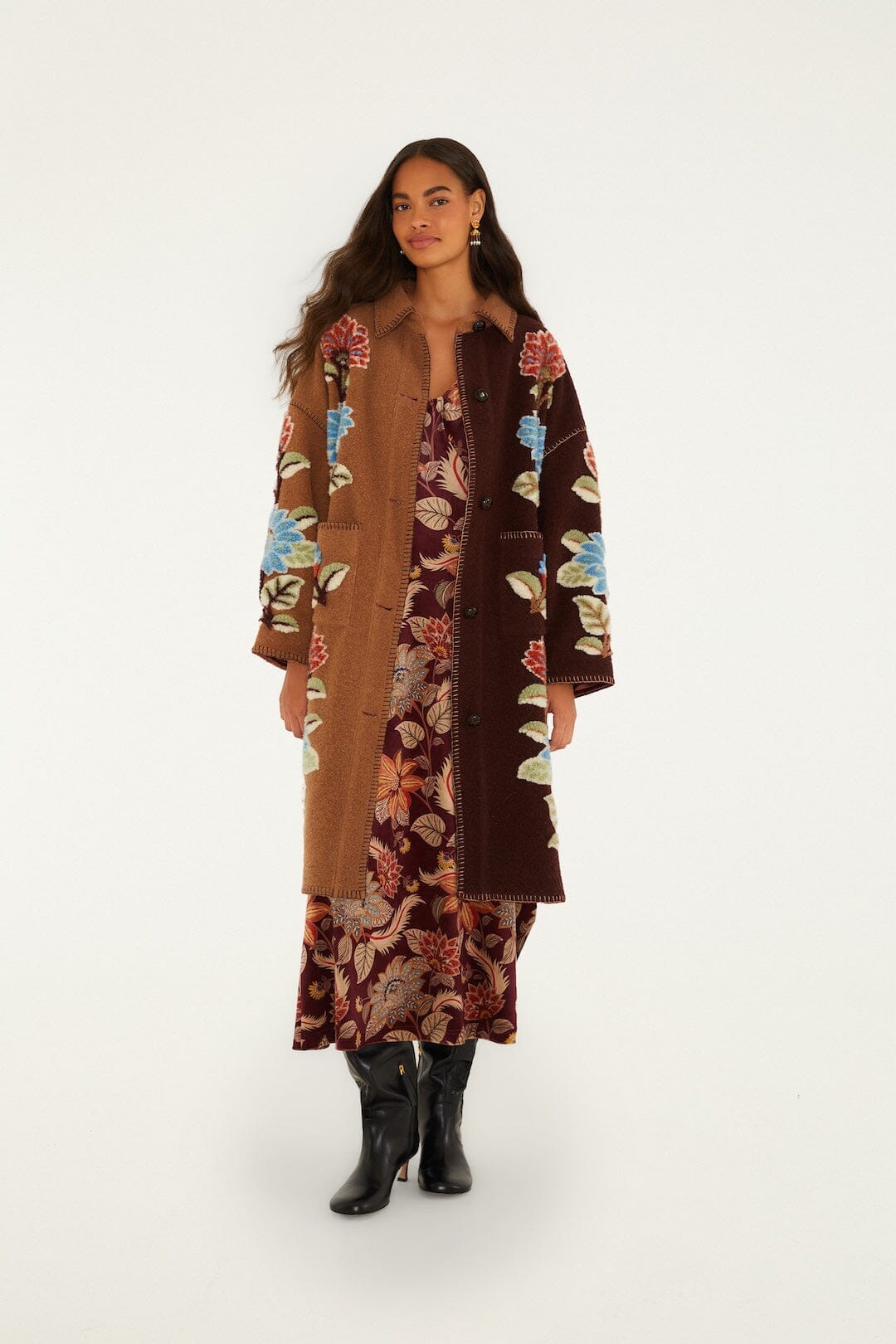 Abrigo midi de forro polar con estampado floral mixto Delhi