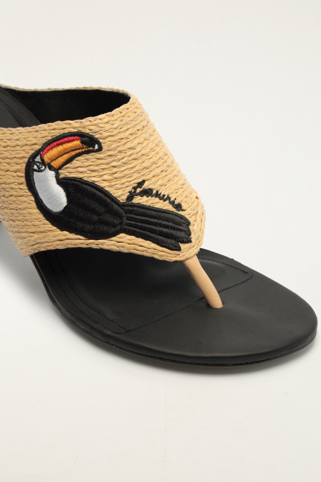 Raffia Embroidered Icons Kitten Heeled Sandal