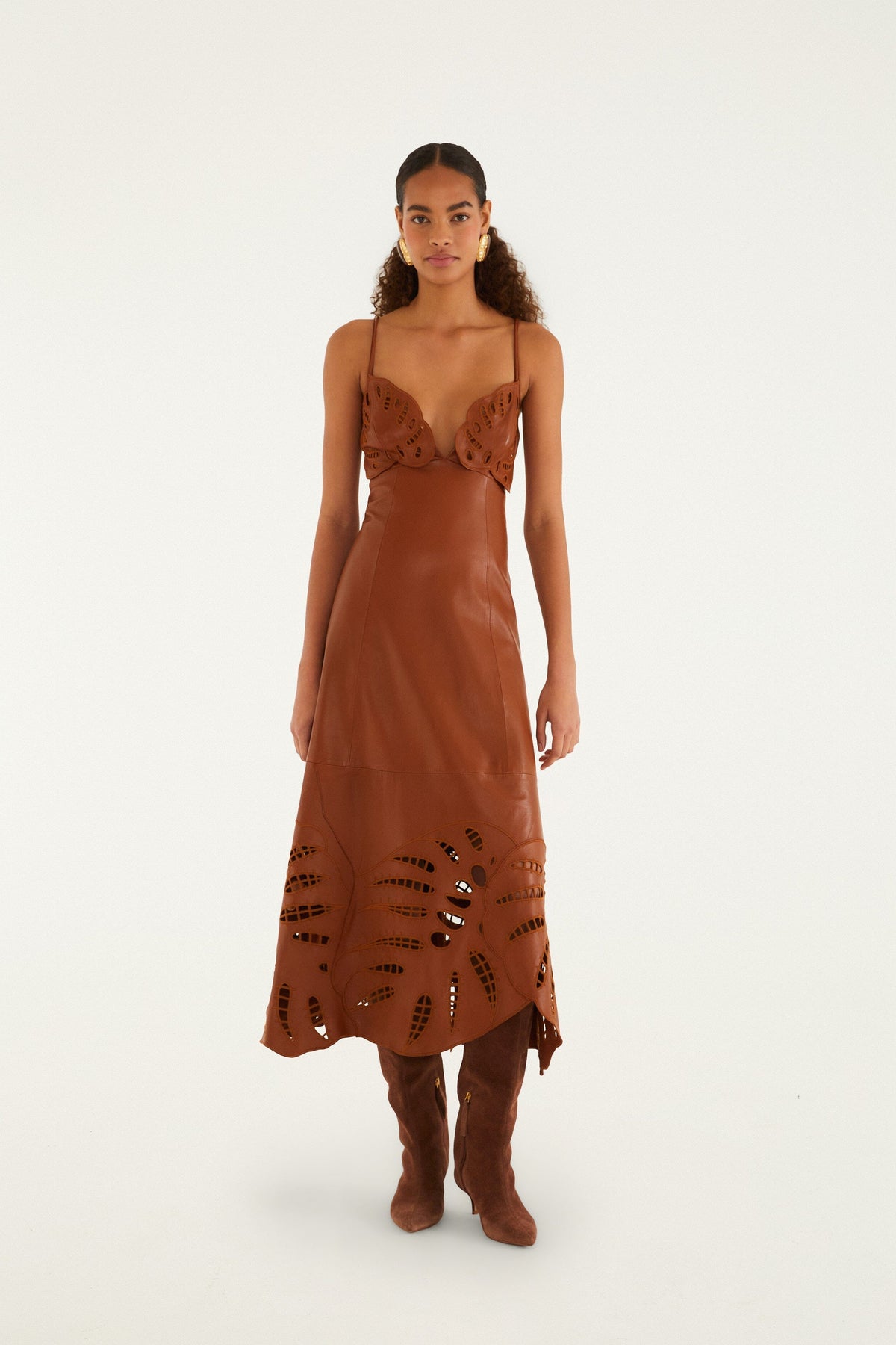 Vestido midi de cuero marrón con calado Monstera