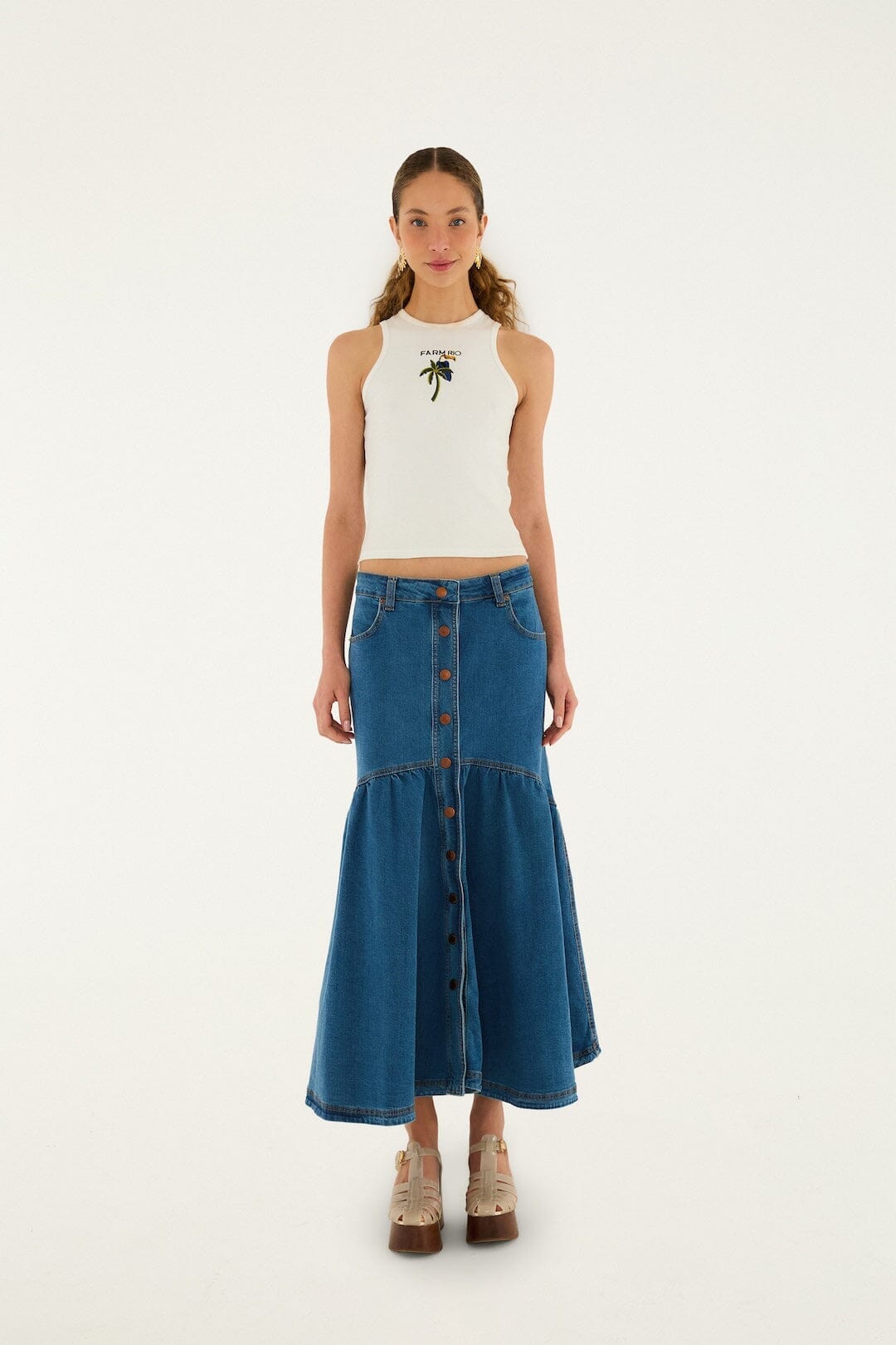 Panelled Denim Long Skirt